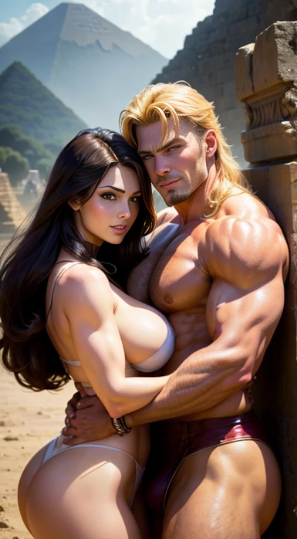 Couple embracing, A young Dolf Lundgren as Heman from the masters of the universe, robust, handsome, holding a beautiful woman , Lucy Pinder, buxom and completely naked Lucy Pinder as Sorceress, butt crack visible , embracing him, upper body, closeup, outs...