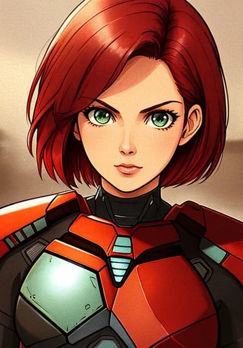 masterpiece, best quality, 1990s (style), 2000s (style), 1girl, Jane Shepard, FemShep, short hair, red hair, green eyes, black power armor, N7, upper body, sepia, film grain,