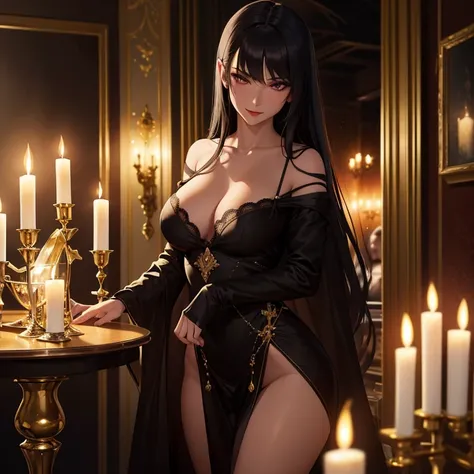 (best quality,highres:1.2),ultra-detailed,realistic,dim light,succubus,tavern,black hair,silver eyes,female,sensual pose,golden ornaments,dark atmosphere,smoky haze,enticing smile,intense gaze,velvet dress,glimmering candles,ancient wooden furniture,reflec...