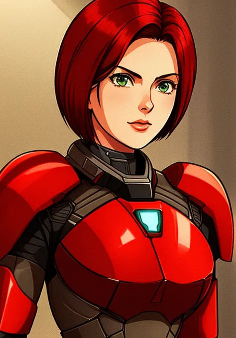 masterpiece, best quality, 1990s (style), 1girl, Jane Shepard, FemShep, short hair, red hair, green eyes, black power armor, N7, upper body, sepia, film grain,