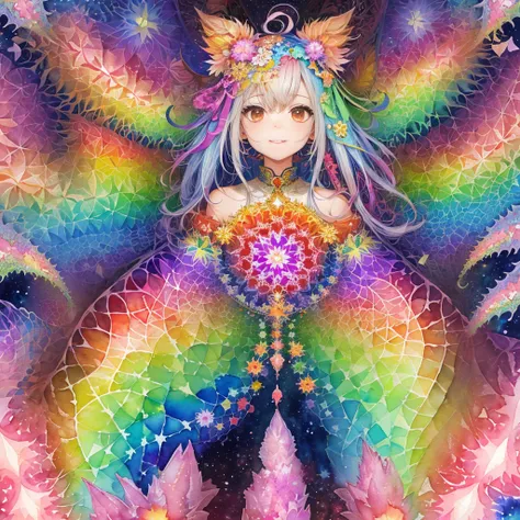 (Masterpiece, top-quality, Official Art, Beautiful and aesthetic:1.2), (girl with:1.3), (kaleidoscope:1.2), ighly detailed, colourfull, Top Detail, (watercolor paiting:1.3), light mixing, Playful patterns, lively texture, rich colours, ユニークな視覚効果 Fractal ar...