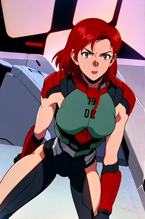 masterpiece, best quality, 1girl, cowboy shot, Jane Shepard, FemShep, short hair, red hair, green eyes, black power armor, N7, evangelion anime style, anime screencap, 1990s_(style)