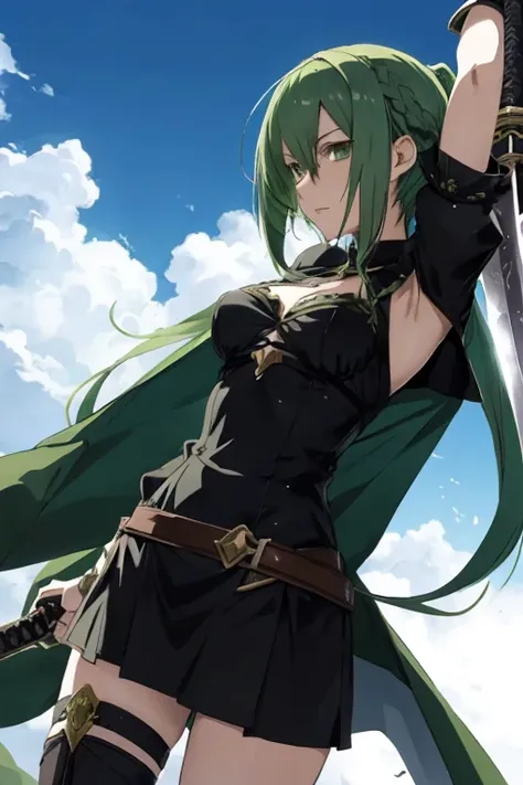 Anime girl, RPG, big sword, shild, Green hair, black dress, warrior,