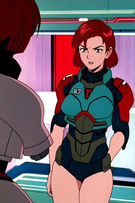 masterpiece, best quality, 1girl, cowboy shot, Jane Shepard, FemShep, short hair, red hair, green eyes, black power armor, N7, evangelion anime style, anime screencap, 1990s_(style)