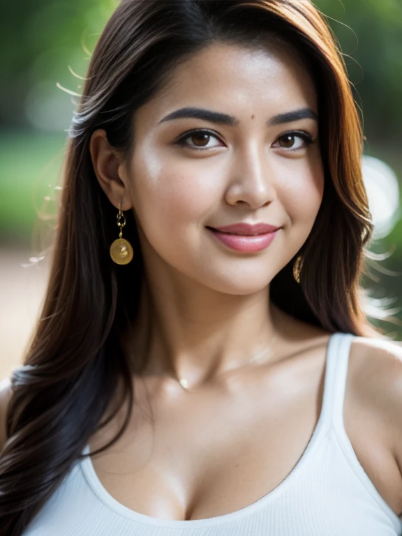 Portrait of confident Indian woman with long and thick hair, Hazel eyes, A tank top, white, Shorts, A smile on her face, Glossy look, D Cup Breast, Perfect composition, hyper realisitic, super detailed, 8K, High quality, trending art, Trending on ArtStatio...