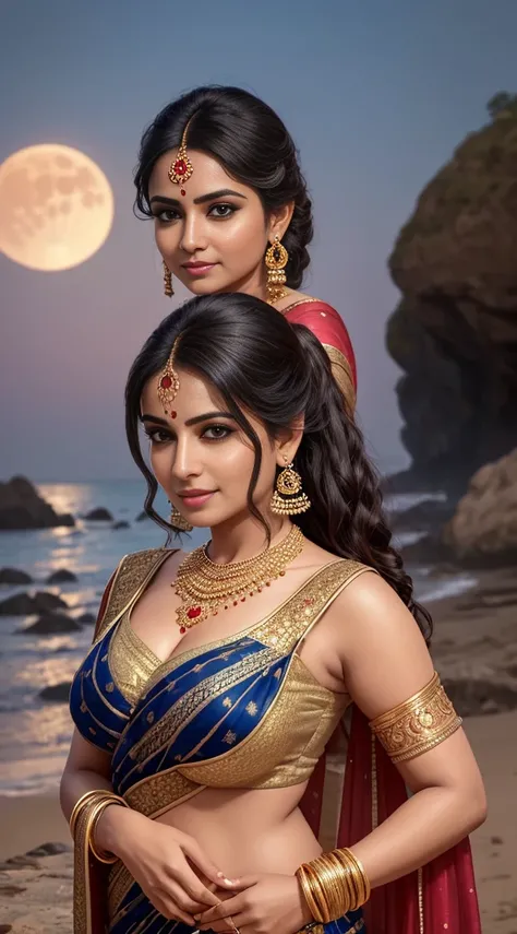 late evening scenario, photoshoot, beautiful 40 yo Indian married woman (shy smirk:1.4) little chubby, facing the camera, in a black designer saree, golden metallic half sleeve blouse, petticoat, leaning against a rock in the seashore, glowing flawless ski...