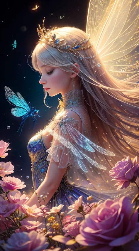 (Best quality at best,8K,ultra - detailed,realisticlying:1.2),Delicate dragonfly wings,semi transparent,divinelight,Spectacular spectrum,Glowing petals,a slight light,Dark-toned background,Transparent water droplets,reflective light,A vibrant,Flood rays,li...