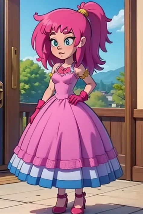 ellie, ellie martin, pink hair, long pink hair, pony tail, pony tail with a yellow hair tie, pink long hair with pony tail and a yellow hair tie, wearing a dress, pink dress, pink princess dress, princess dress, long dress, gloves, pink gloves, long gloves...