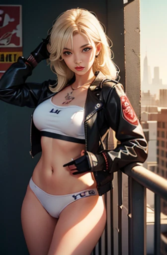 arafed woman with tattoos posing on balcony with city view, realistic shaded perfect body, perfectly shaded body, blonde goddess, beautiful realistic upper body, realistic artstyle, tifa lockhart with white hair, , photorealistic perfect body, beautiful bl...