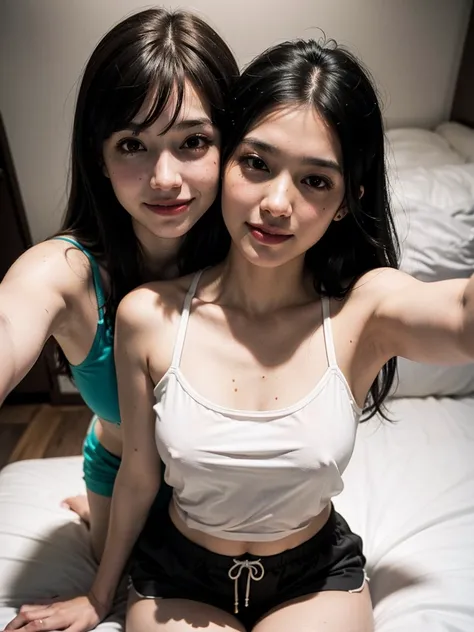 realistic, 2girls, ((selfie)), brown eyes, body close together, looking up, mouth wide open, smiling, face extra large zoom, sitting on bed, sexy, (bare shoulders), (covered nipples), (camisole), (dolphin shorts), (small breasts)