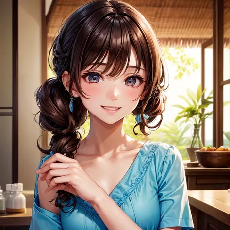 1girl in, Solo, Aromatherapy、aesthetician、short sleeve scrubs、At the reception、Smile wickedly、Brown hair, Curly hair, poneyTail、a closeup、Highest quality image quality、8K、An ultra-high picture quality、Luxury、Resort