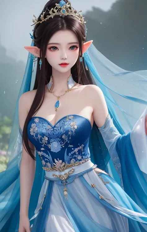 A woman in a blue dress and veil is posing, beautiful fantasy empreseautiful and dreamy domineering goddess, gorgeous chinese models, beautiful fantasy maiden, very attractive and beautiful, beautiful teenage girl, beautiful and elegant elf queen, Ethereal...