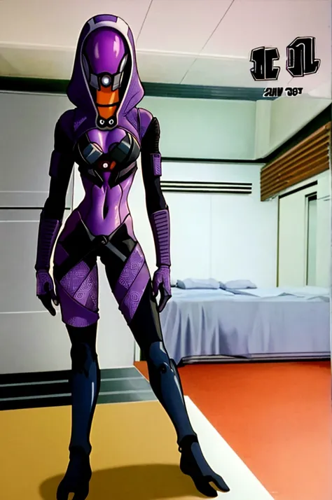 masterpiece, best quality, 1990s (style), 1girl, solo, talizorah, talizorah from mass effect, hood, purple bodysuit, mask, (helmet, faceless), hood up, alien, inside,, facing viewer, wide hips, evangelion anime style, anime screencap, 1990s_(style), full b...