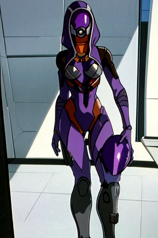 masterpiece, best quality, 1990s (style), 1girl, solo, talizorah, talizorah from mass effect, hood, purple bodysuit, mask, (helmet, faceless), hood up, alien, inside,, facing viewer, wide hips, evangelion anime style, anime screencap, full body portrait