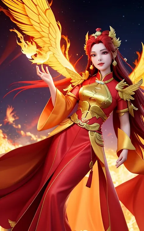 There was a woman flying in the sky with a firebird, fiery giantess, flying scarlet phoenix, Sorceress casts fireball, With wings of blazing golden flames, she has fire powers, appears as the fire goddess, sha xi, Max 3D, the butterfly goddess of fire, Wan...