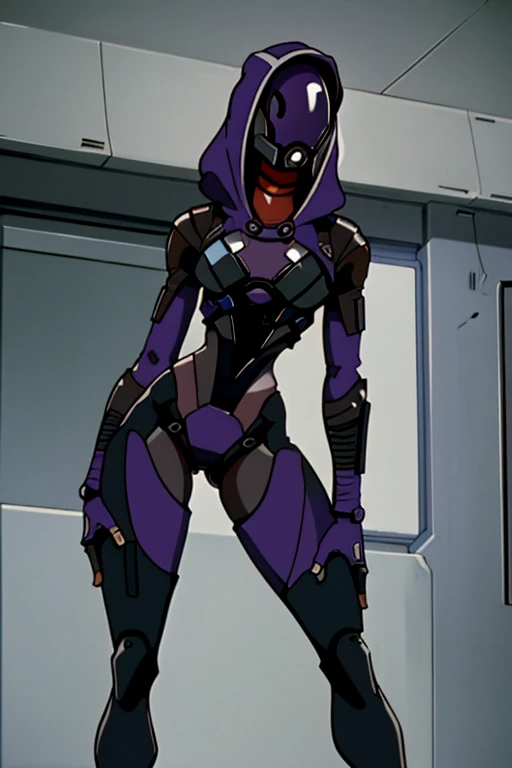 masterpiece, best quality, 1990s (style), 1girl, solo, talizorah, talizorah from mass effect, hood, purple bodysuit, mask, (helmet, faceless), hood up, alien, inside,, facing viewer, wide hips, evangelion anime style, anime screencap, full body portrait