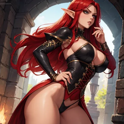 (best quality,highres),red long hair,female elf,black leather corset,elven features,pointed ears,graceful posture,natural lighting,vivid colors,sharp focus,beautifully detailed eyes and lips,dark background,realistic,bokeh,powerful and confident stance.