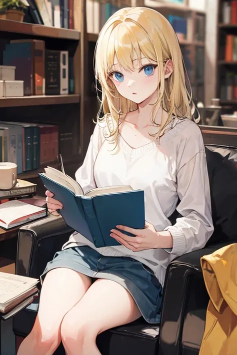 Blonde girl, Reading a book, drink Coffee,