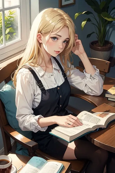 Blonde girl, Reading a book, drink Coffee,