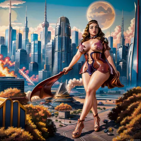 (Masterpiece, Best Quality), 8k Wallpaper, highly detailed, poster, vintage sci-fi film, 1960s, a magazine cover with sexy giant pinup girl towering over a tiny city, a portrait by Paul Kane, cinematic movie poster, perfect face, Attack of the 50 foot woma...