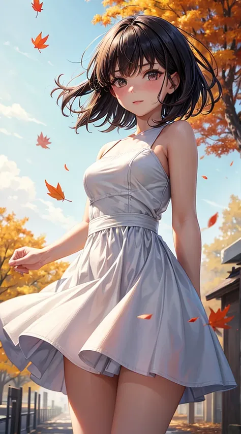 reallistic,girl with,A dark-haired,Shorthair,autumnal,White dress,blows wind,Colored leaves