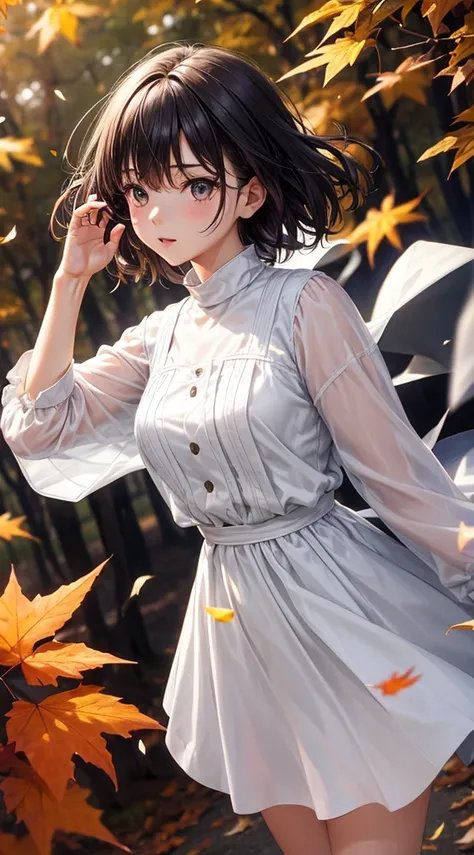 reallistic,girl with,A dark-haired,Shorthair,autumnal,White dress,blows wind,Colored leaves