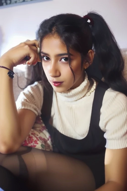 There is a young woman sitting on a sofa with her hair in a ponytail, con el pelo largo, girl portrait, venezuelan girl with brown skin, con cabello largo y oscuro, imagen de muy muy muy baja calidad, low quality photograph, around 19 years old, con coleta...