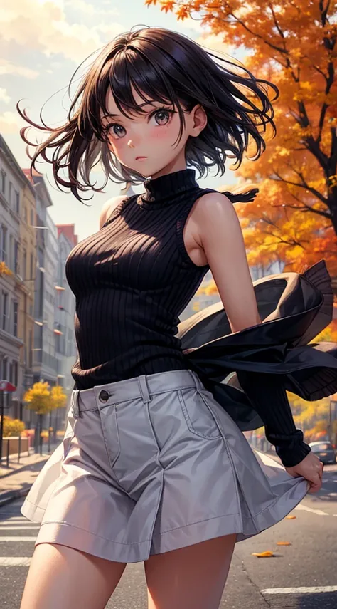 reallistic,girl with,A dark-haired,Shorthair,autumnal,Sleeveless knitwear,blows wind