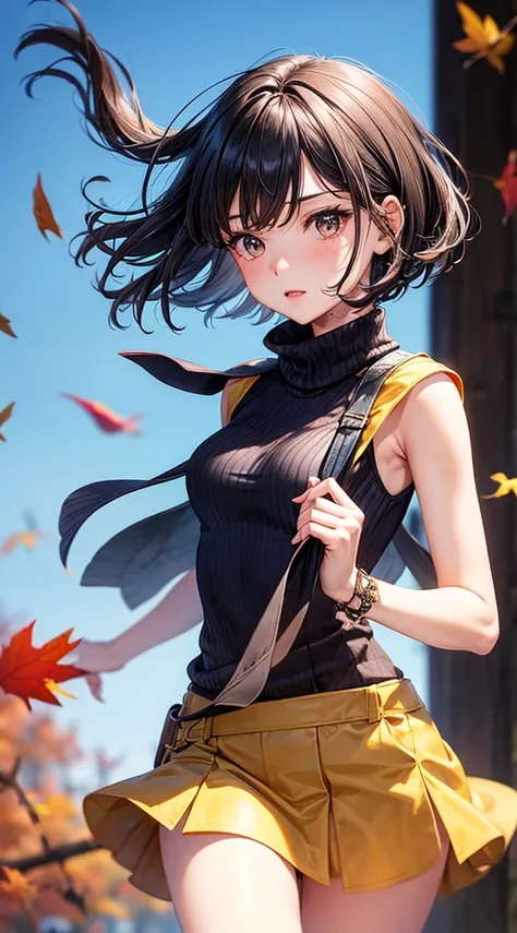 reallistic,girl with,A dark-haired,Shorthair,autumnal,Sleeveless knitwear,blows wind