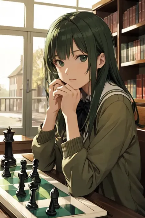 Greenhead girl, glass, play chess, Books background, Coffee