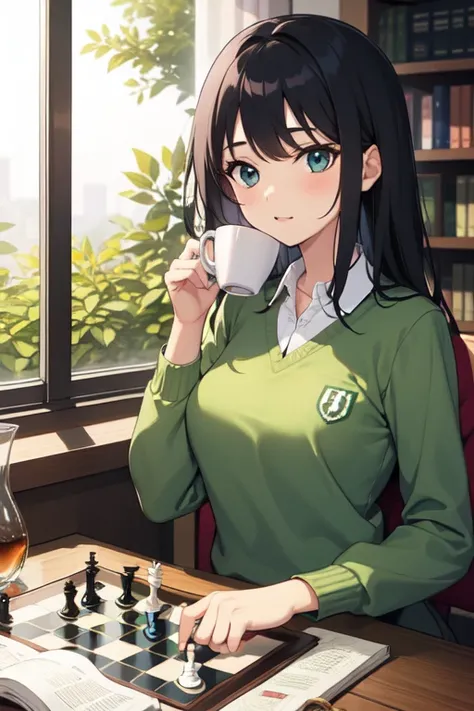 Greenhead girl, glass, play chess, Books background, Coffee