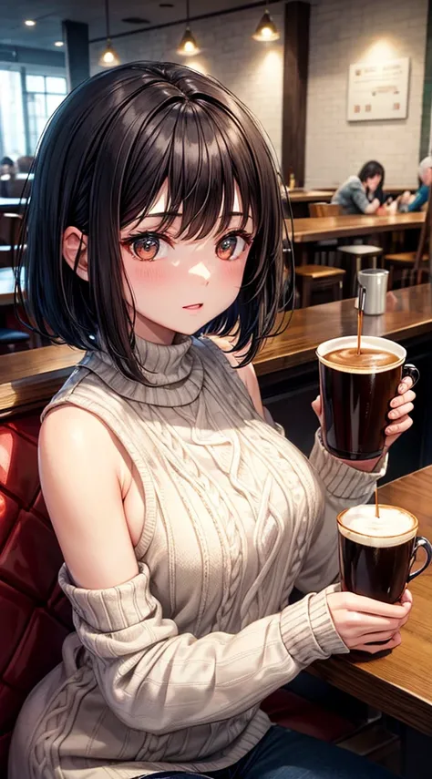 reallistic,girl with,A dark-haired,Shorthair,Sleeveless knitwear,cafes,big sister,,drinking a cup of coffee