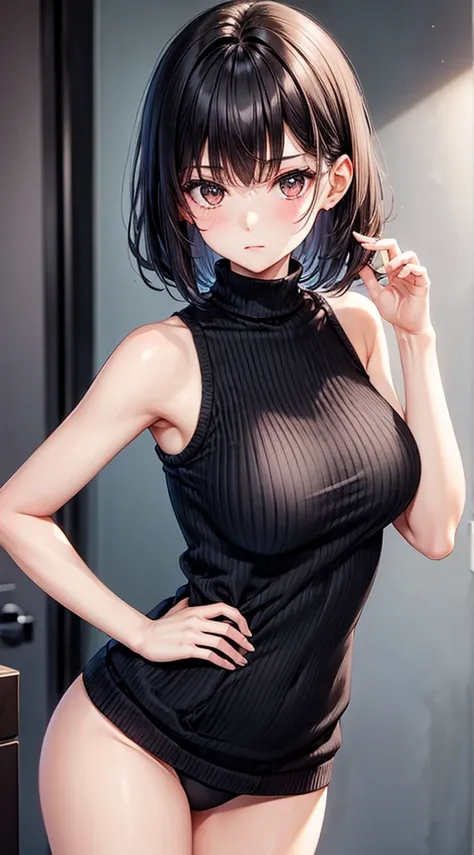 reallistic,girl with,A dark-haired,Shorthair,Sleeveless knitwear,big sister,A slender