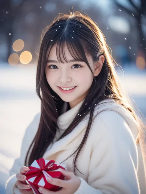 christmas eve girl,Beautiful detailed eyes,Beautiful detailed lips,extremely detailed eye and face,long eyelashes,Christmas themed clothing and accessories,Cute smile,Enjoy the festival atmosphere,Comes with a beautifully wrapped gift box,outdoor snow scen...