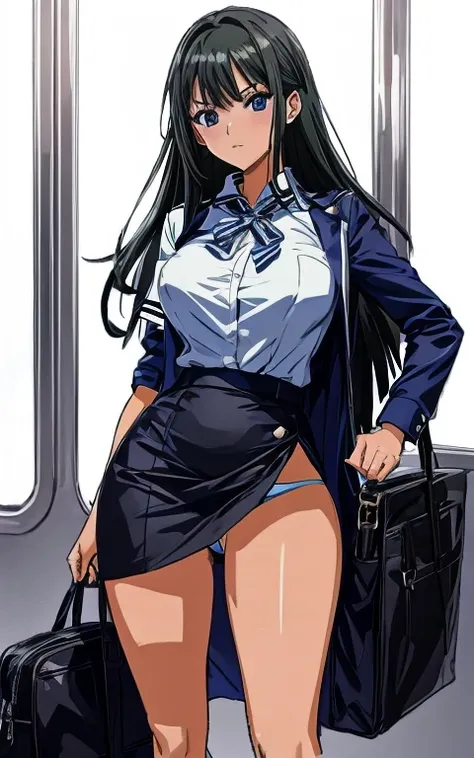 A beautiful woman with long black hair, big breasts, and beautiful legs is wearing a white miniskirt, boldly showing light blue and blue striped panties, and standing glaring at an elderly office worker on the bus.。