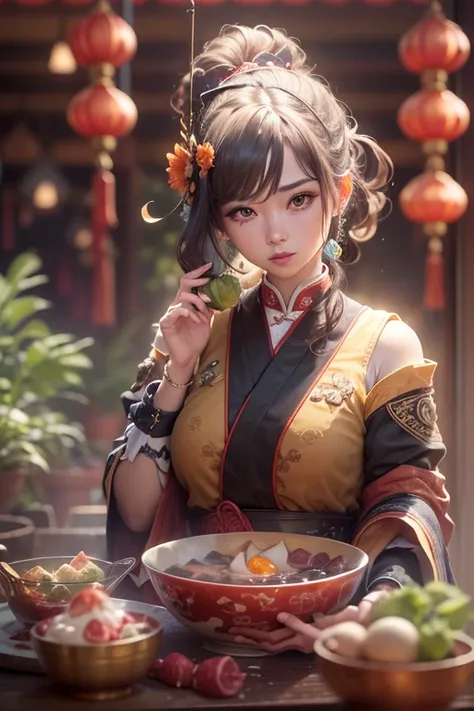 a bowl of Chinese wontons, 1girl, octane render, enhance, intricate, (masterpiece, Representative work, official art, Professional, unity 8k wallpaper:1.3)