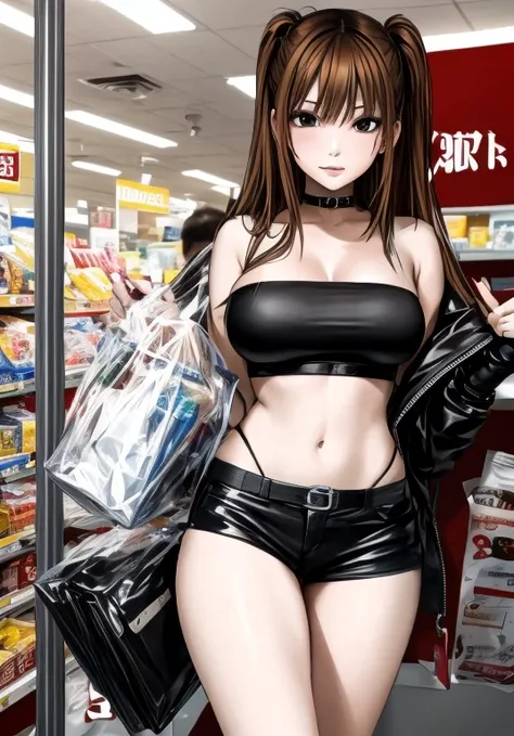 A beautiful woman with long hair, big breasts, and beautiful legs is standing in a supermarket wearing a black tube top that exposes her navel and black hot pants that look like panties.。An elderly office worker is standing behind me.。