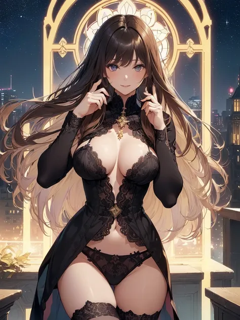 top-quality、Top image quality、​masterpiece、Angle seen from the side、Beautiful Gothic woman((20yr old、Best Bust、big bast、Bust 90,Beautiful long hair、A slender、a closeup、Esbian、Beautiful underwear、hiquality、Beautiful Art、Luxury hotel in the city、masutepiece、...