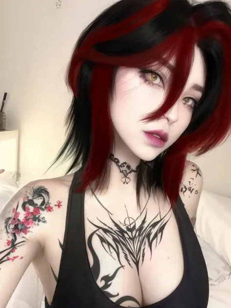 arafed woman with Pelo rojo and tattoos on her chest, goth girl, pale goth beauty, negro desordenado / Pelo rojo, realistic artistic style, goth girl aesthetic, 1 7 - year - old anime goth girl, 1 7 - year - old goth girl, Lilith, realismo artstyle, Estilo...