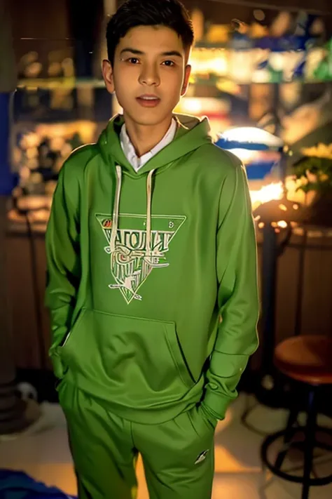 there is a young man standing on a sidewalk wearing a green hoodie, hoody, hoodie, casual photography, potrait, wearing hoodie, mid shot portrait,  boy, mohamed chahin style, wearing a hoody, teenage boy, candid picture, reyyan, student, digital art!!, moh...