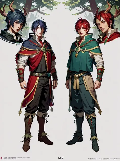 ((character concept art)), Video game character design, Detailed male with red skin,navy blue hair, Two thin horns,Dressed as a druid,illustartion,Realistic,Harmonious colours,natural lighting,Forest setting, green clothes