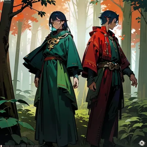 ((character concept art)), Video game character design, Detailed man with red skin,navy blue hair, Two thin horns,Dressed as a druid,illustartion,Realistic,Harmonious colours,natural lighting,Forest setting, Green clothes