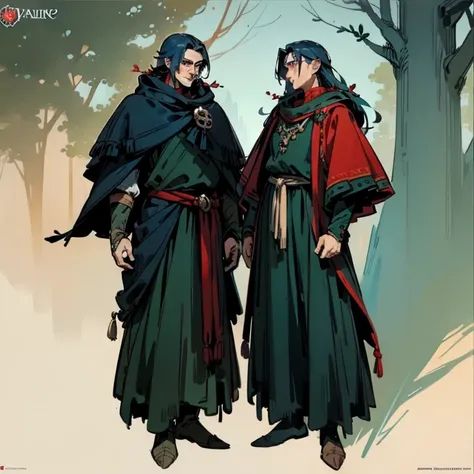 ((character concept art)), Video game character design, Detailed man with red skin,navy blue hair, Two thin horns,Dressed as a druid,illustartion,Realistic,Harmonious colours,natural lighting,Forest setting, Green clothes