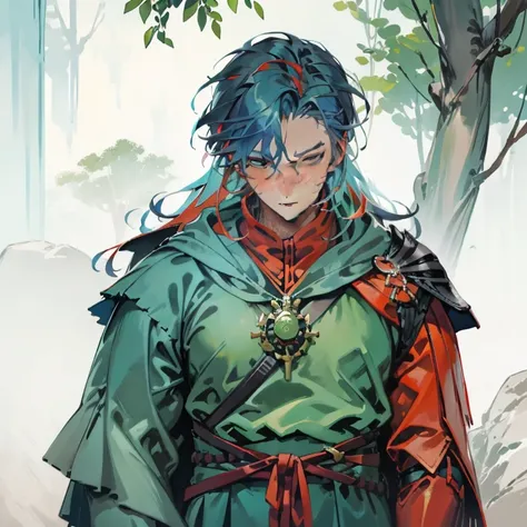 ((character concept art)), Video game character design, Detailed man with red skin,navy blue hair, Two thin horns,Dressed as a druid,illustartion,Realistic,Harmonious colours,natural lighting,Forest setting, Green clothes