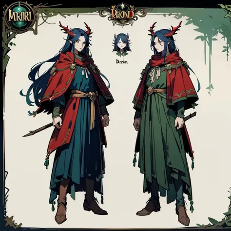 ((character concept art)), Video game character design, Detailed man with red skin,navy blue hair, Two thin horns,Dressed as a druid,illustartion,Realistic,Harmonious colours,natural lighting,Forest setting, Green clothes