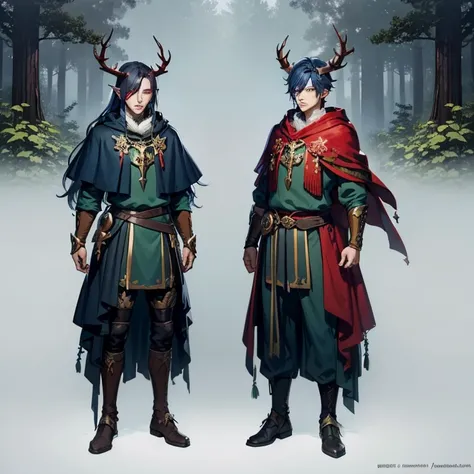 ((character concept art)), Video game character design, Detailed man with red skin,navy blue hair, Two thin horns,Dressed as a druid,illustartion,Realistic,Harmonious colours,natural lighting,Forest setting, Green clothes