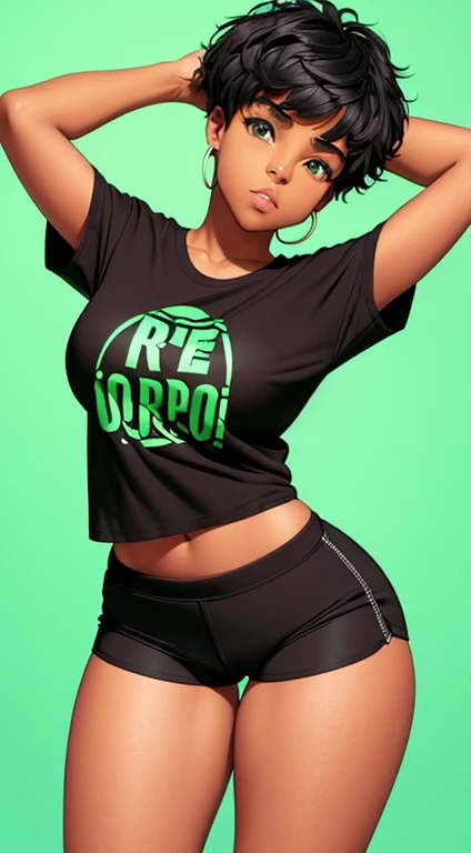 16-year-old black girl, with Maria João haircut, green eyes, large breasts, large butt, toned legs, perfect body, long t-shirt and tight shorts, pose with black background