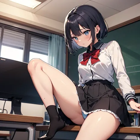 School Uniform,Skirt,Thigh,Panty Shot,Open Legs,School,sitting on the desk,take one foot off the desk,looking-down