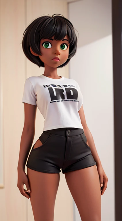 16-year-old black girl, with Maria João haircut, green eyes, large breasts, large butt, toned legs, perfect body, long t-shirt and tight shorts, pose with black background