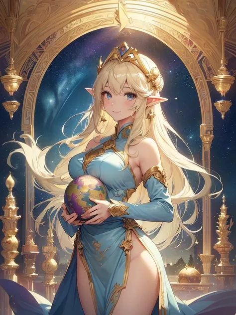 top-quality、Top image quality、​masterpiece、Super beautiful elf beauty((24 year old、Best Bust、big bast、Bust 90,beautiful long ironed hair、a blond、globe、A sexy、A slender、a closeup、Esbian、beautiful tiara、hiquality、Beautiful Art、Background with((starrysky)))ma...